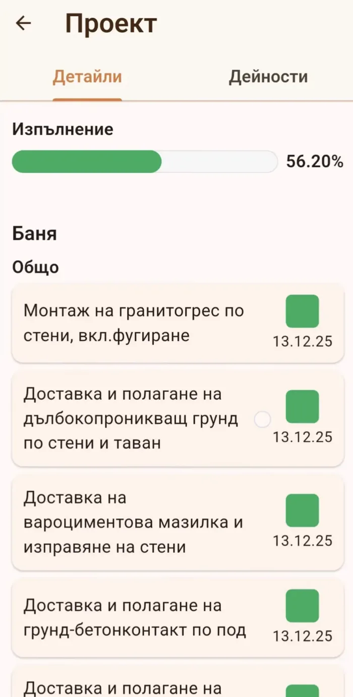 Екран на проект с процент изпълнение и списък от задачи по баня